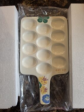 NWT The Mary & Martha "Eat Up" Egg Serving Tray Floral Handle - Cream